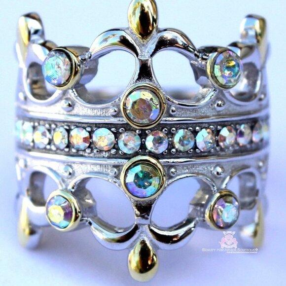 925 Sterling Silver Double Blessing Crown Princess Aurora Borealis Cz Ring Sz 6 - Picture 8 of 16